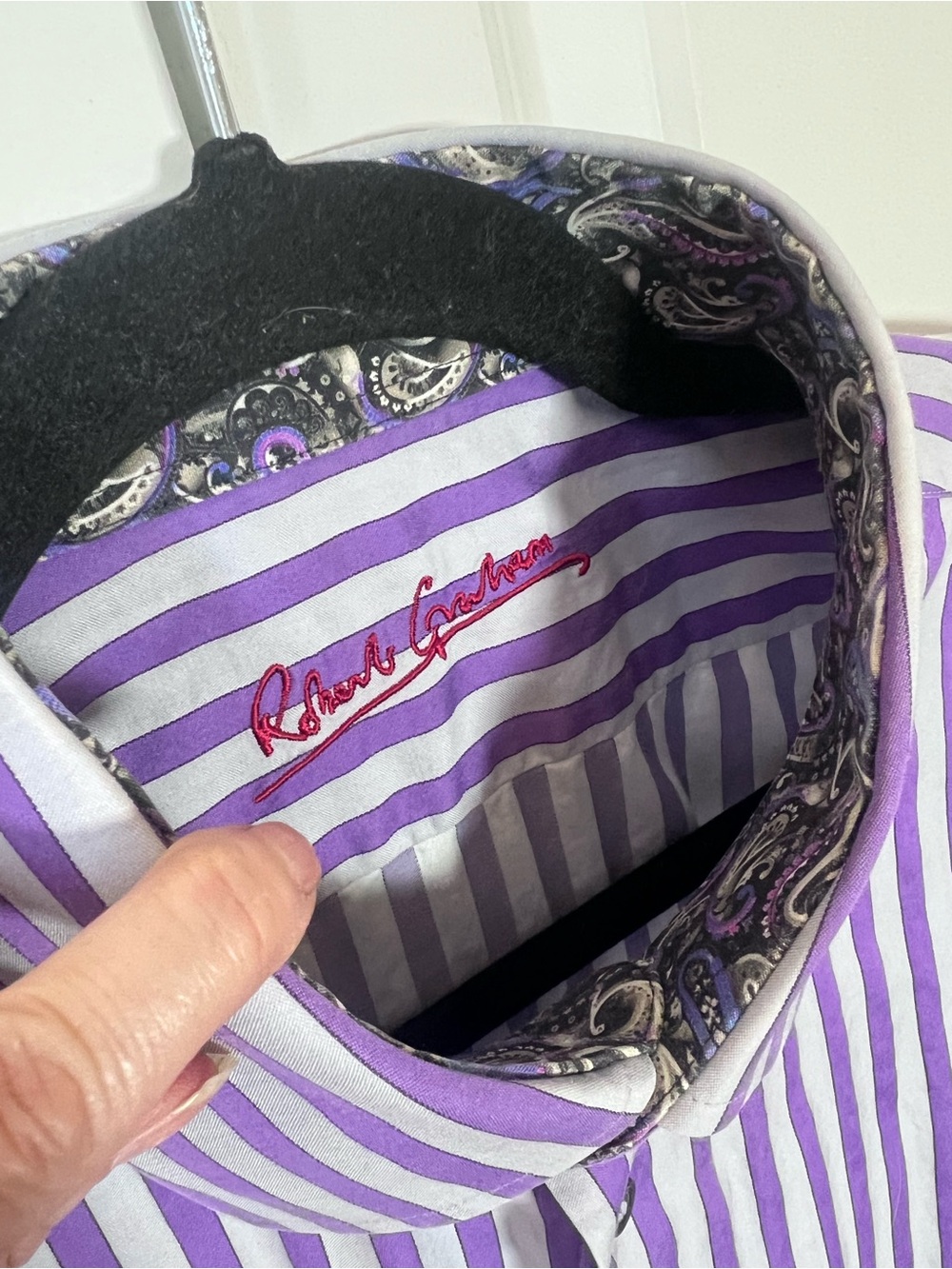 Robert Graham Purple and Grey Vertical Stripe Dress Shirt - Picture 3 of 8